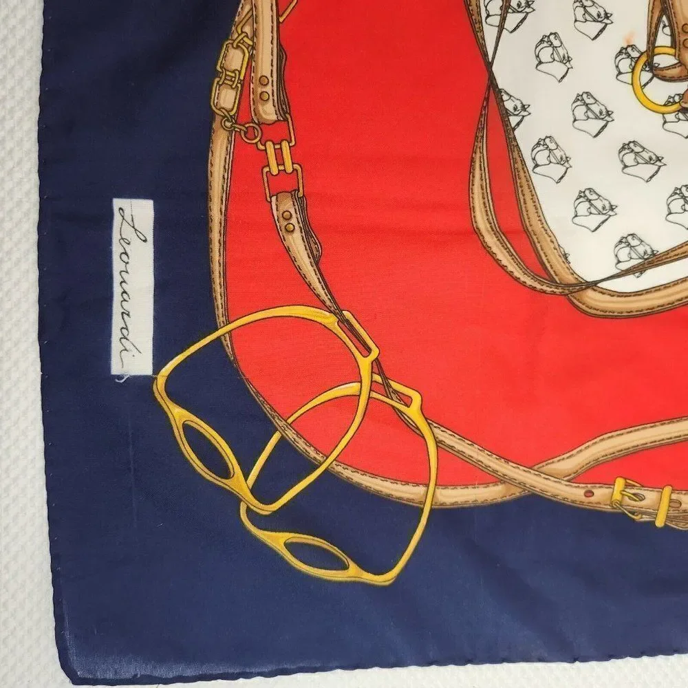 Vintage 70s Leonardi Paris Equestrian Horse Bit Square Scarf Wrap Red Blue 30